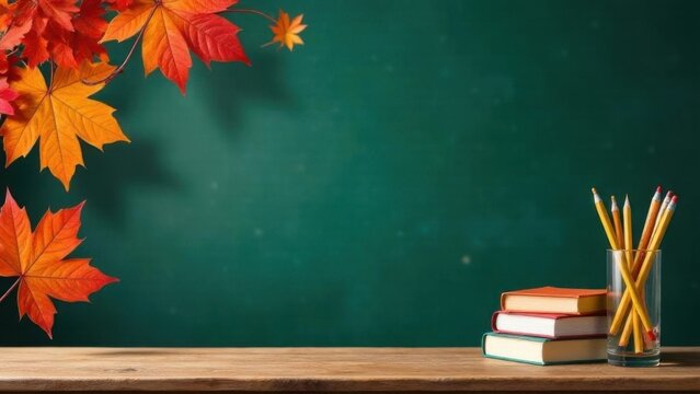 Back to school background with stack of textbooks, pencils and autumn yellow and orange maple leaves on green blackboard