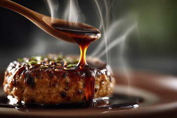 Tofu burger patty glazed with thick Japanese-style soy sauce, wooden spoon pouring over glossy hot surface, vegan comfort dish