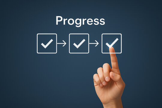 Human finger touching a digital screen displaying a progress bar with three completed checklist items and the word progress