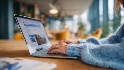 Close-up of hands typing on a laptop keyboard in an office, the focus is on the computer screen with a web page open and a young woman working at her desk using online information Generative AI