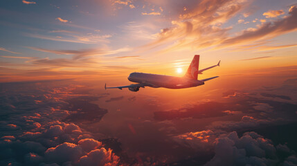 Airplane soars above clouds during a stunning sunset.  The sun's rays creates a brilliant, fiery glow.