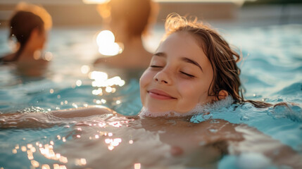 Serene scene of a young girl relaxing, floating in a sunlit pool, eyes closed in peaceful enjoyment.