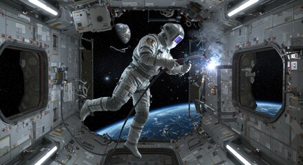 Astronaut welding in space station