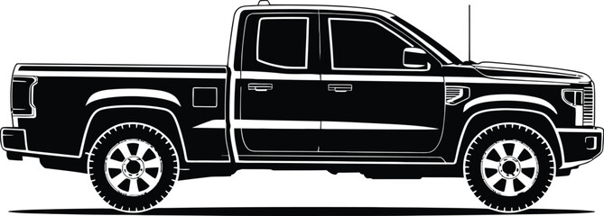 Side profile view of a modern pickup truck in a bold black silhouette against a white background