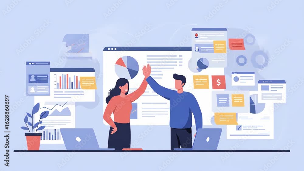 Poster flat vector two business people are giving high five in the office to celebrate successful teamwork 