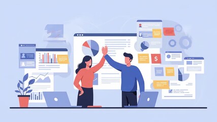 Flat vector two business people are giving high five in the office to celebrate successful teamwork and achievement with data analysis charts and graphs on the background in a flat design style - Powered by Adobe