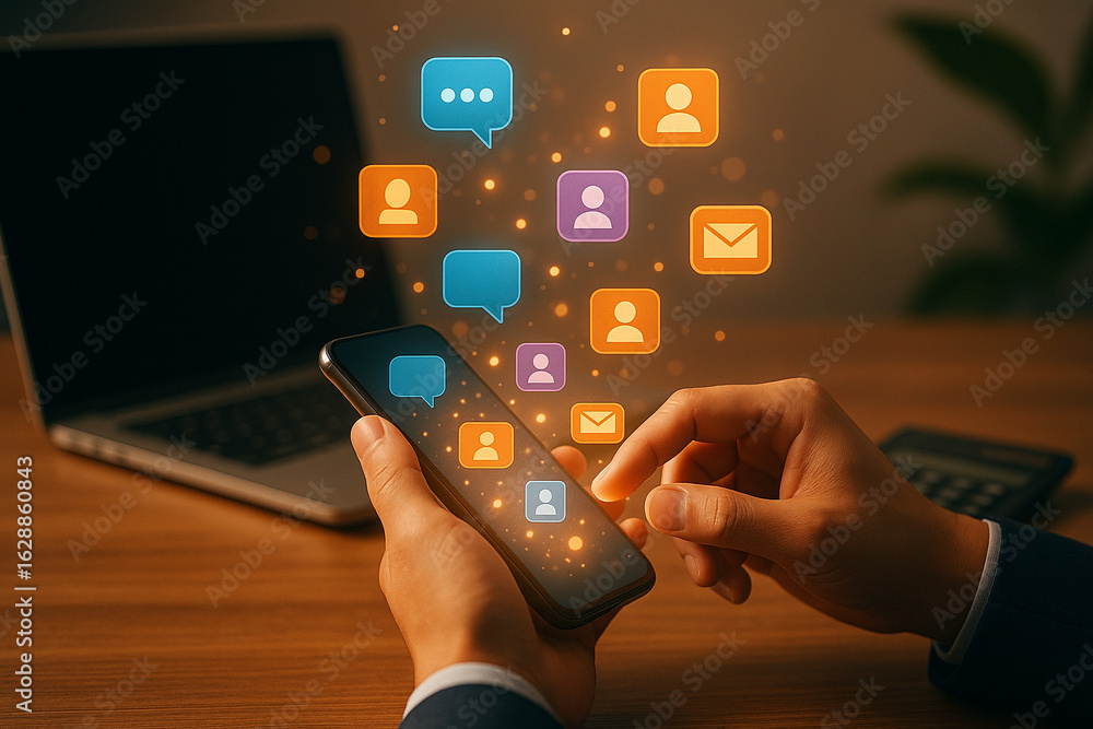 Poster close up of a person s hands holding a smartphone with glowing app icons floating above illustrating