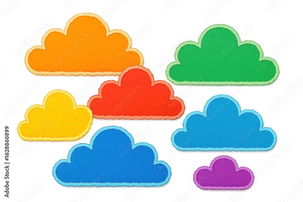Poster rainbow colored paper clouds floating against a transparent background, creating a vibrant and cheer