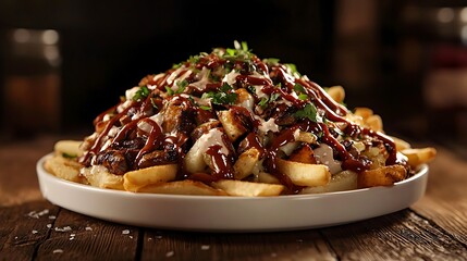 Crispy fries topped with grilled chicken, BBQ sauce and herbs on white plate. Warm, hearty meal served at wooden table. Solo dining made delicious. Solo Diners Eat Out Week