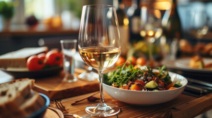 Wine and Salad Lunch: Relaxing midday meal with crisp white wine and a colorful salad on a wooden table.
