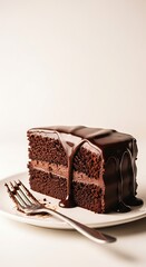 A delicious slice of chocolate cake with rich frosting on a plate with a fork. 