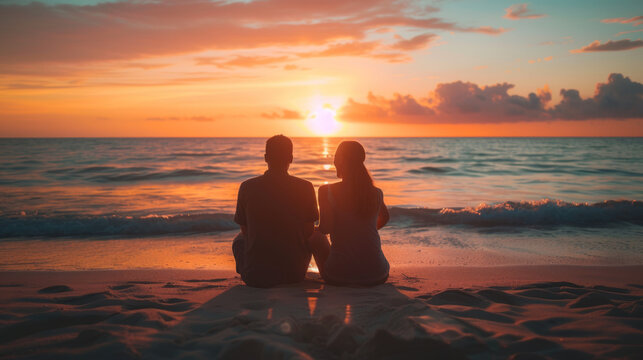 Couple enjoying a peaceful sunset view at the beach, creating a romantic and serene atmosphere together. - Powered by Adobe