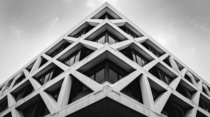 Low-angle shot reveals an angular building facade with triangular patterns against a cloudy sky