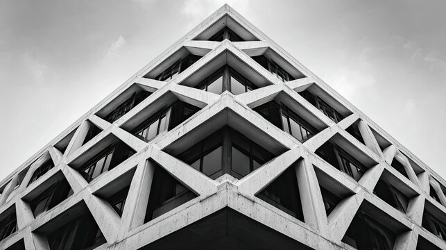 Low-angle shot reveals an angular building facade with triangular patterns against a cloudy sky