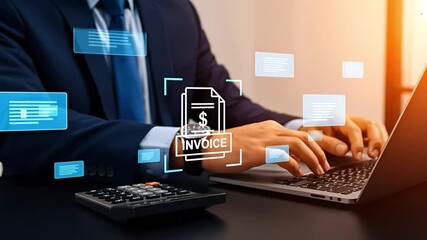 Businessman working on laptop and calculator with digital invoice and floating data windows, symbolizing modern finance. Concept of e-invoicing, financial automation and smart billing systems
 - Powered by Adobe