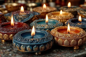 Traditional brass lamp (diya) arrangements in tricolor pattern, flickering flames creating warm glow, evening celebration ambiance