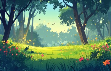 The illustration is a modern representation of a forest landscape with trees and grass, created in a cartoon style