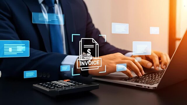 Businessman working on laptop and calculator with digital invoice and floating data windows, symbolizing modern finance. Concept of e-invoicing, financial automation and smart billing systems

