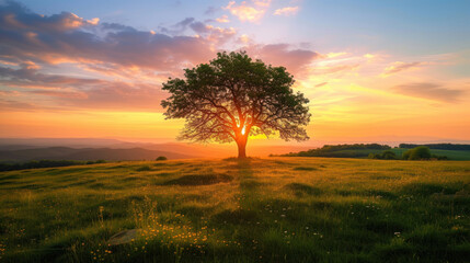 Fototapeta premium Lone tree silhouetted by a vibrant sunset, casting a warm golden glow across a serene field.