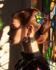 A woman with a flowery headband and earrings is wearing a black dress. The woman is standing in front of a stained glass window
