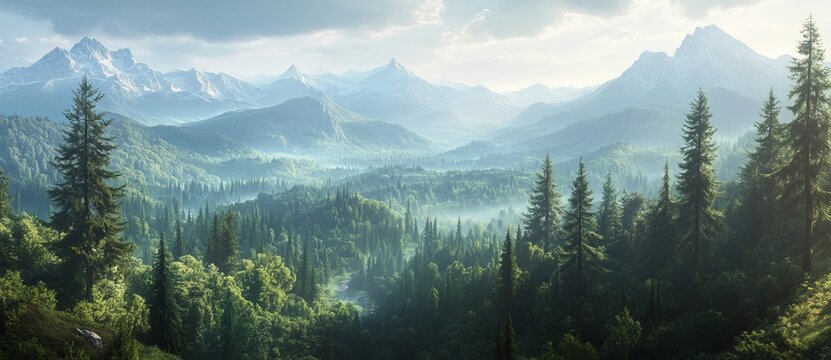 The scenery of northern woodlands, as seen from above, includes green pine forest and dark spruce trees covering mountain hills - Powered by Adobe