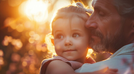 A touching portrait of a grandfather lovingly embracing his granddaughter in the warm light of sunset.
