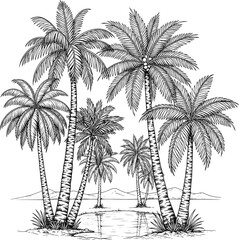 Palm tree oasis with realistic detailing of trees, leaves, and bark with hand-drawn style