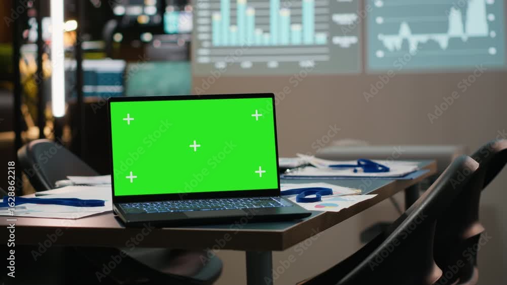 Poster empty boardroom shows a laptop with copy space screen late at night, illuminated by projected busine