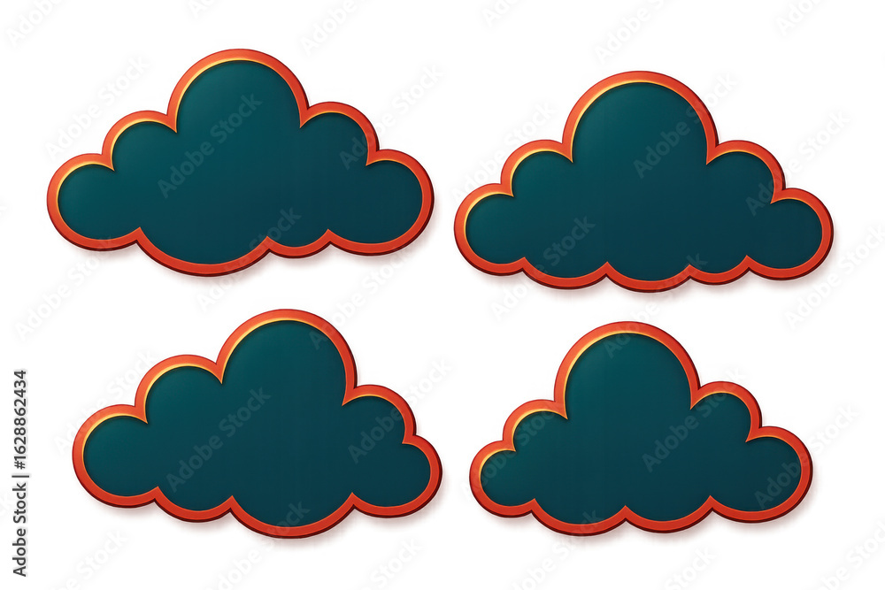 Poster teal clouds sporting red and gold borders hovering over transparent backdrop, conveying ethereal, pl