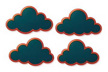 Teal clouds sporting red and gold borders hovering over transparent backdrop, conveying ethereal, playful visual design element