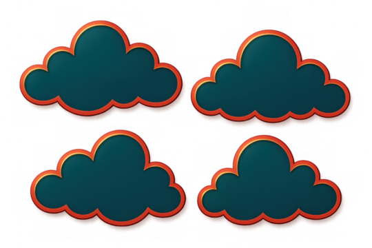 Teal clouds sporting red and gold borders hovering over transparent backdrop, conveying ethereal, playful visual design element