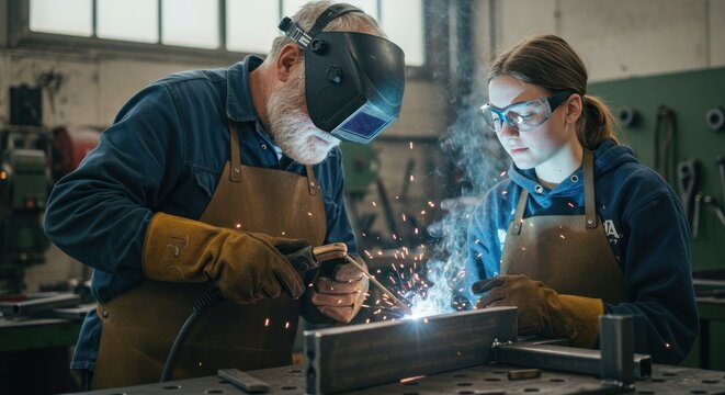 Skilled metalworkers welding