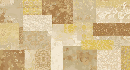 Earthy toned patchwork collage with vintage distressed patterns. Abstract background with grunge texture in brown and beige hues.