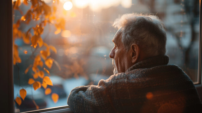 Elderly man gazes out the window at sunset, lost in thought, warmth and memories in his eyes.