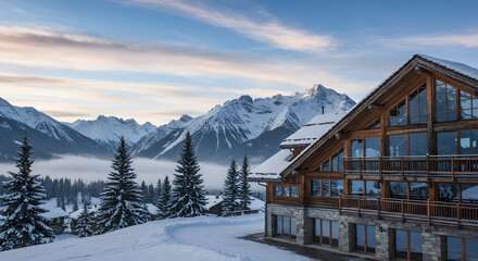 Fototapeta premium Luxury chalet winter mountain snow landscape alpine resort vacation ski holiday destination travel getaway