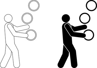 Side view of a stick figure juggling three rings, shown as a minimal vector icon in both outline and silhouette style