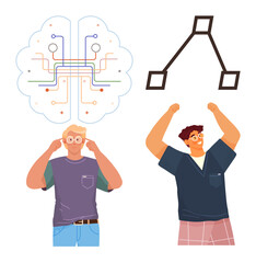 Two men visualizing AI-driven connections one focuses seriously, and the other celebrates an idea. Ideal for technology, teamwork, creativity, innovation, learning, artificial intelligence