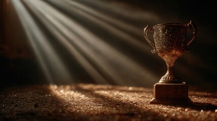 Glowing gold trophy on velvet podium with dramatic spotlight and subtle bokeh
