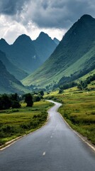 Naklejka premium Winding road stretches through a vibrant green valley toward towering peaks under a cloudy sky