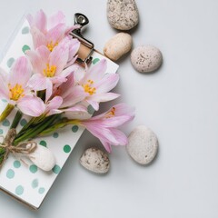 Pink flowers, clipboard, stones on light background