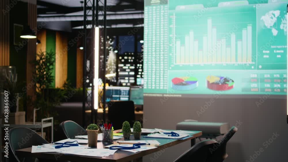Aufkleber projection board running data insights in empty dark office late at night, forecasting financial sit