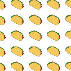  A colorful seamless pattern of tacos arranged diagonally on a white background