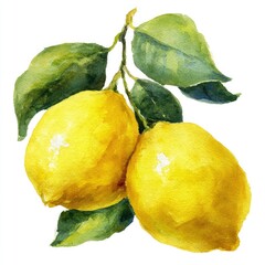 Watercolor painting of two lemons hanging from a branch with several leaves, on white background