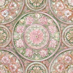 Ornate ceiling design with round floral medallions in pastel shades of pink, green, and beige