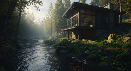 Cabin river forest nature stream trees landscape architecture building home exterior design scenic view