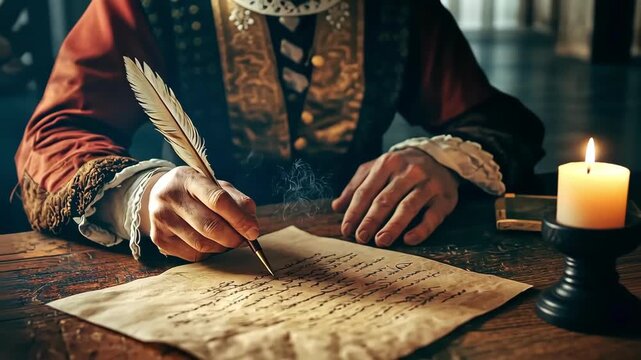 Man in historical clothing writes with a quill pen on parchment paper.
