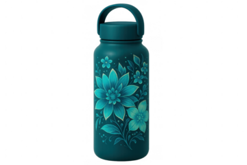 Teal reusable water bottle displaying delicate floral pattern, floating against transparent backdrop