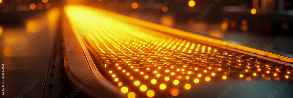 Poster abstract perspective of high-tech conveyor system, featuring array of vibrant orange glowing element