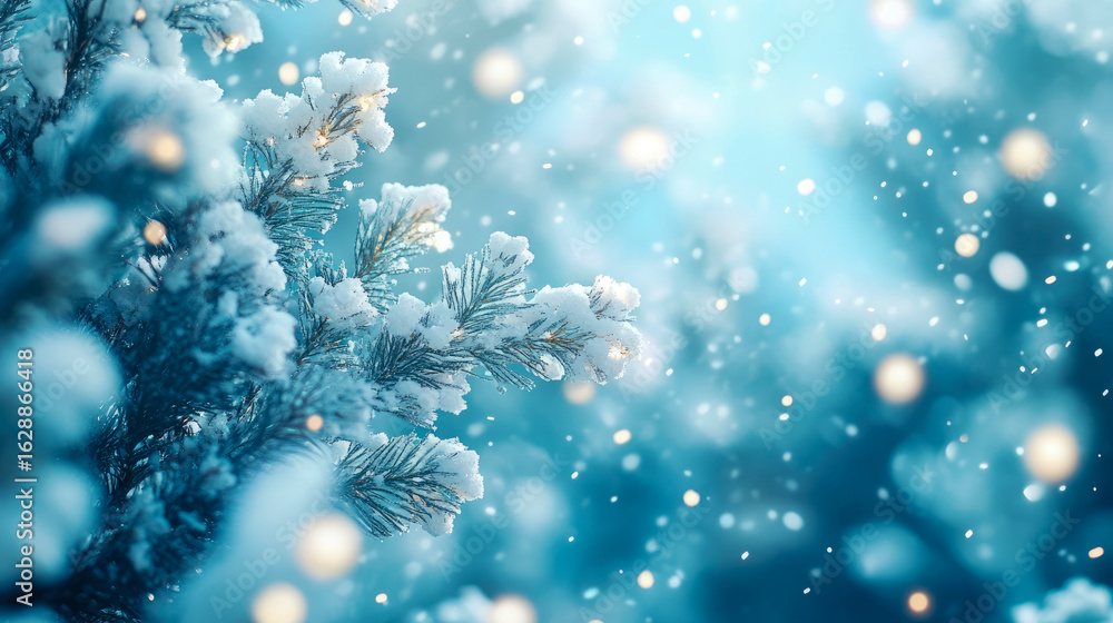 Poster magical winter scene featuring frosted pine branches adorned with sparkling snow, illuminated by sof