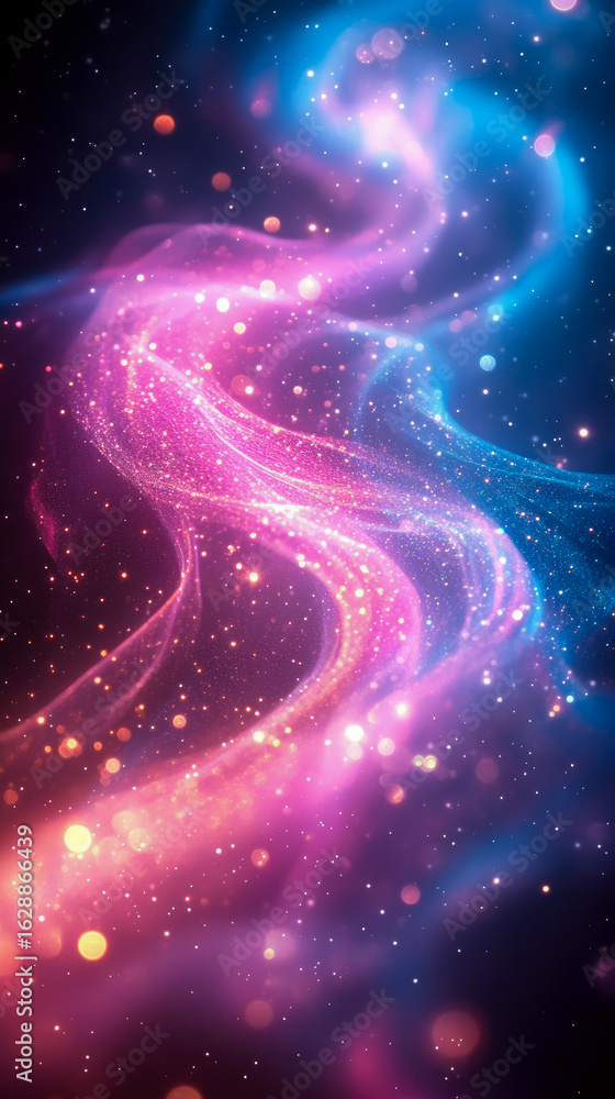 Poster mesmerizing cosmic swirls of shimmering pink and blue nebula with sparkling stardust and bokeh light